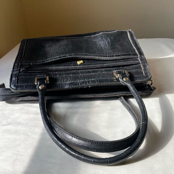Vintage Cornell Vegan Leather Handbag Black Structured Satchel Gold Hardware - Picture 7 of 9